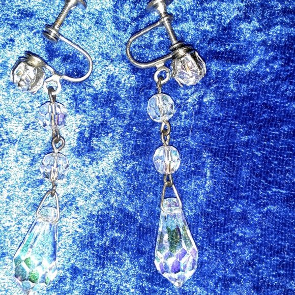 VINTAGE 1950'S CRYSTAL DANGLE EARRINGS SCREWBACK - Picture 1 of 2